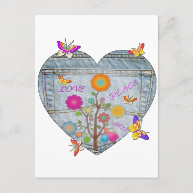 Carte Postale Denim Pocket Fleurs cardiaques Papillons (Devant)