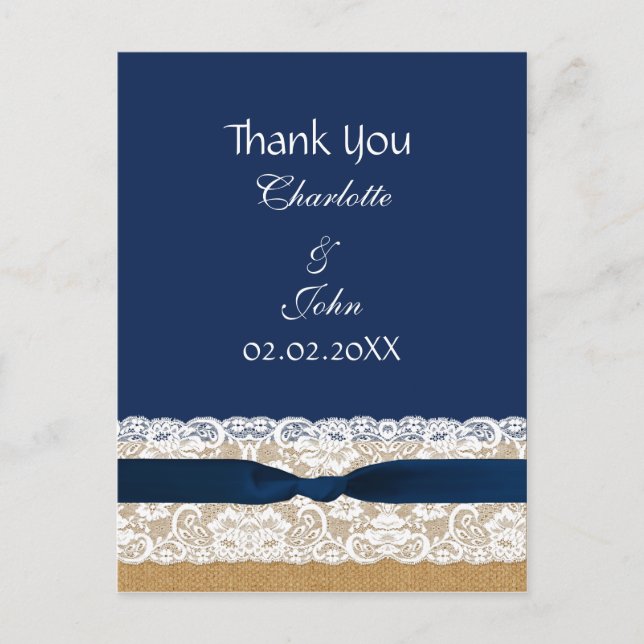 Carte Postale dentelle burlap, Merci mariage rustique (Devant)