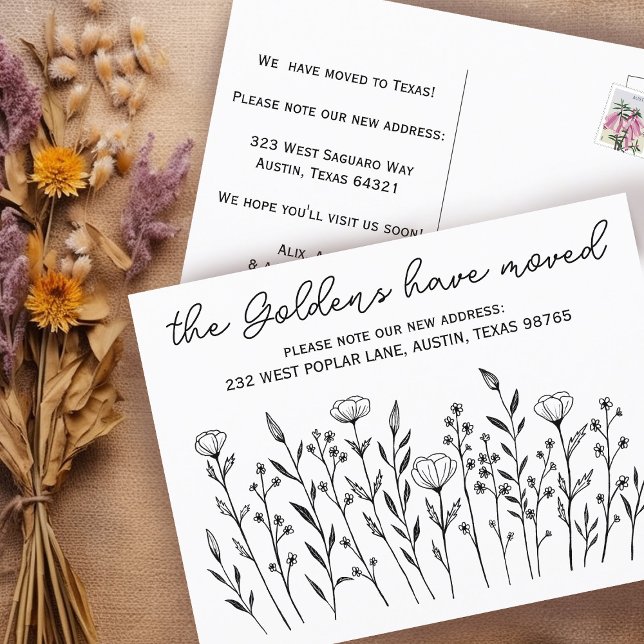 Carte Postale DÉPLACEMENT de Fleurs sauvages FAIRE-PART simples  (MOVING ANNOUNCEMENT Wildflowers Simple Custom Postcard
Address Change New Home Line Art )