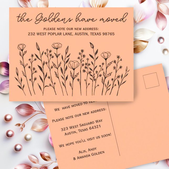 Carte Postale DÉPLACEMENT de Fleurs sauvages FAIRE-PART simples  (Custom address change new home postcard with simple elegant wildflower design in peach fuzz)