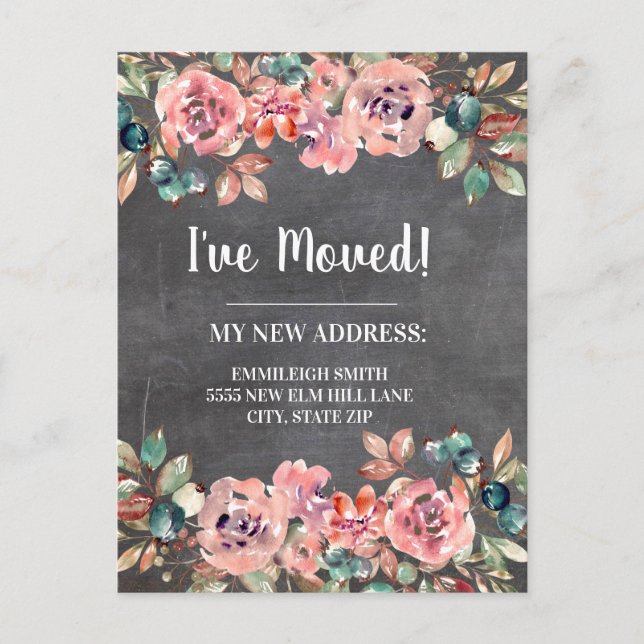 Carte Postale Déplacement Faire-part Chalkboard rose Floral (Devant)