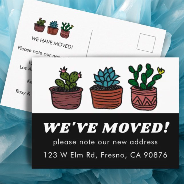 Carte Postale DÉPLACEMENT FAIRE-PART NOUVELLE ADRESSE Cactus mig (Colorful cute cacti postcard for moving announcement change of address, customize w your details)