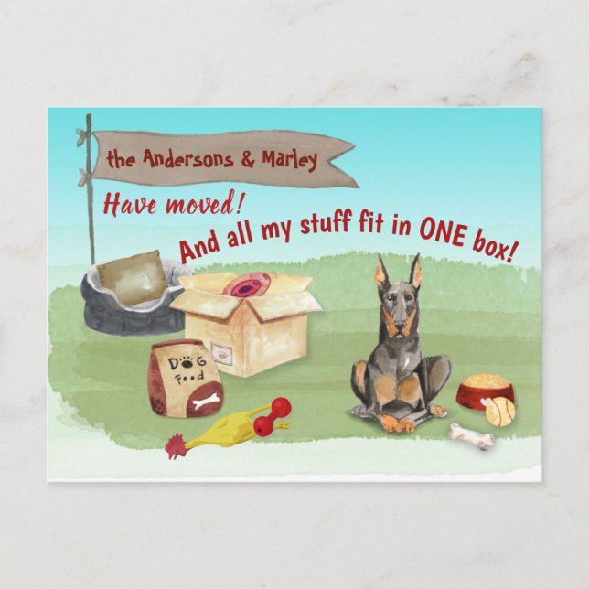 Carte Postale Déplacer Doberman Dog Toys Notre Nouvelle Maison (Devant)