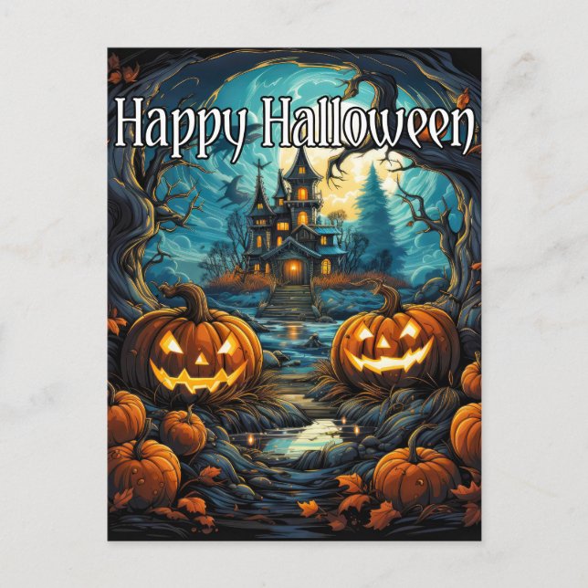 Carte Postale Déplaisant Happy Halloween Maison hantée (Devant)