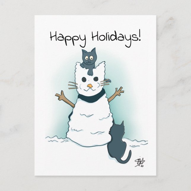 Carte Postale Des chatons font Chat à Neige Joyeuses Fêtes Noël  (Devant)