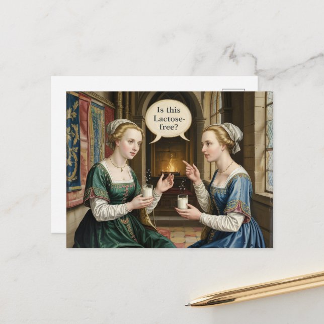 Carte Postale Des Femmes Drôle Demandent : Est-Ce Sans Lactose ? (Devant/Arrière en situation)