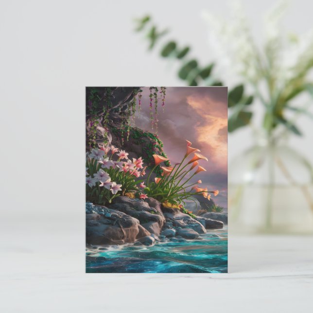 Carte Postale Des fleurs s'épanouissent au rivage du coucher de  (Debout devant)