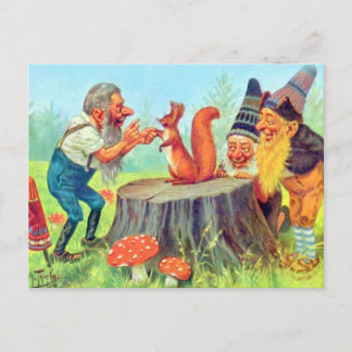 Carte Postale Des Gnomes amicaux observent un écureuil