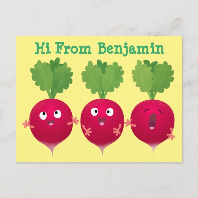 Carte Postale Des radis mignons chantant des légumes de dessin a (Devant)