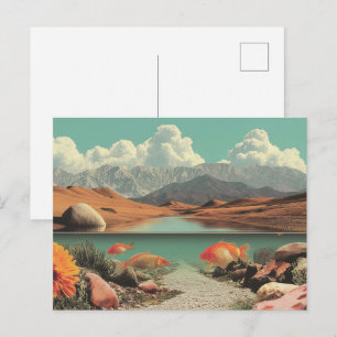 Carte Postale Désert et lac surréalistes avec poissons rouges