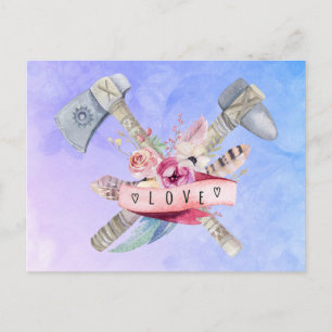 Carte Postale Design en aquarelle Tomahawk marteau et fleurs