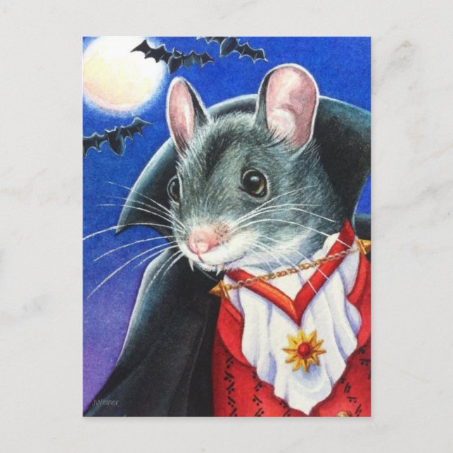 Carte Postale Dessin à l'aquarelle de souris vampire en costume  (Devant)