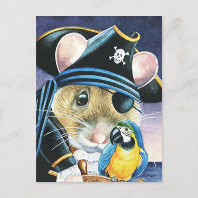 Carte Postale Dessin à l'aquarelle d'une souris pirate pour cost (Devant)