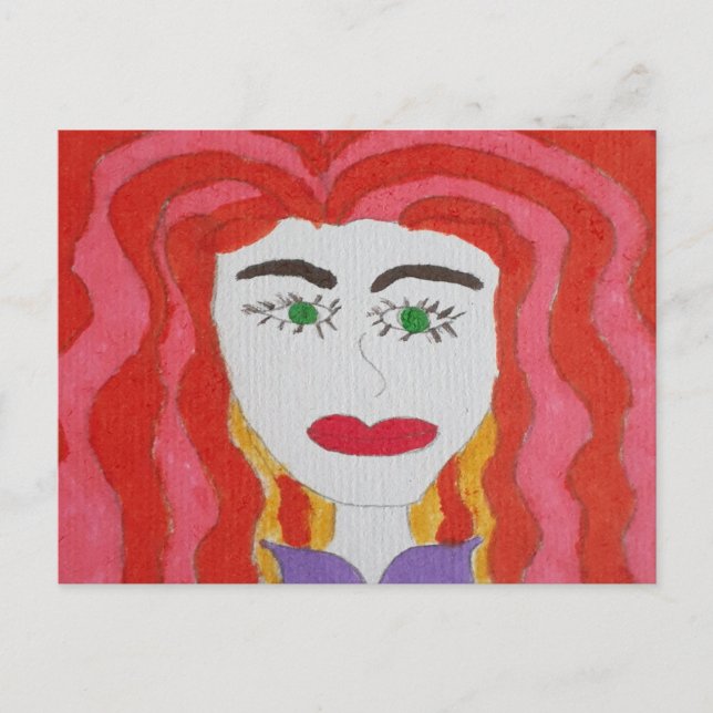 Carte Postale Dessin Abstrait : Visage d'une fille rouge haïe (Devant)