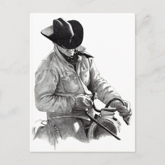 Carte Postale Dessin au crayon de Cowboy à Saddle, Art Occidenta (Devant)