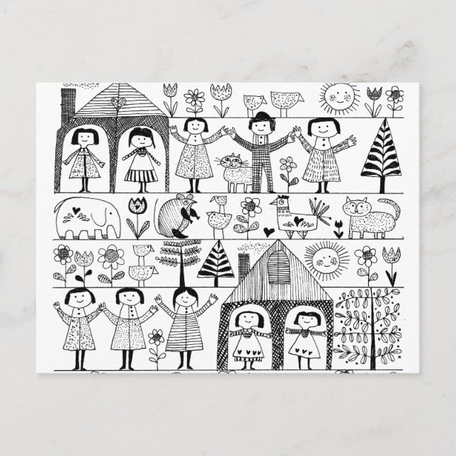 Carte Postale Dessin d'art populaire pour enfants et animaux (Devant)