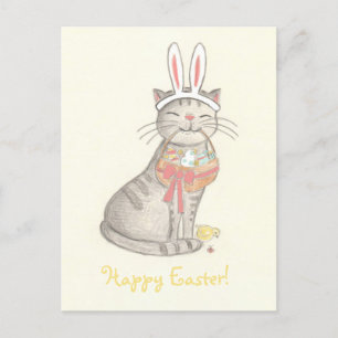 Carte Postale Dessin de chat amusant/ Bonne Pâques