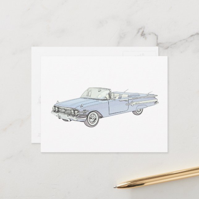 Carte Postale Dessin de crayon convertible bleu 1960 Impala Chev (Devant/Arrière en situation)