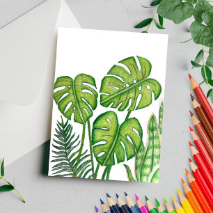 Carte Postale Dessin de feuilles de Monstera vertes au crayon de