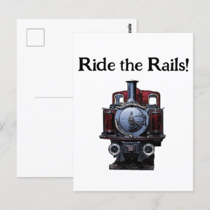 Carte Postale Dessin de locomotives vintage rouge et bleu