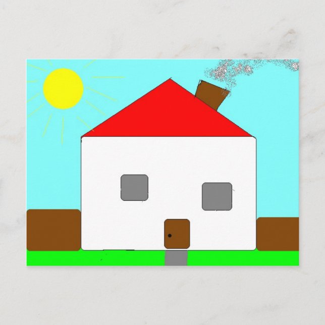 Carte Postale Dessin de Maison Bleue Rouge Blanc Vert, Art Par E (Devant)