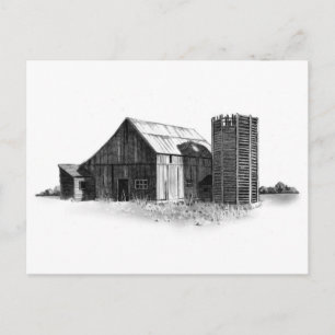 CARTE POSTALE DESSIN DE PENCILE : VIEUX BARN, SILO : RÉALISME