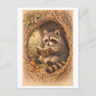 Carte Postale Dessin de style vintage d'un raton laveur lisant d