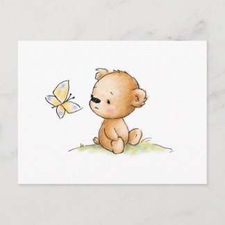 Carte Postale Dessin d'ours en peluche mignon avec papillon
