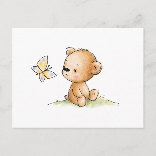 Carte Postale Dessin d'ours en peluche mignon avec papillon (Devant)