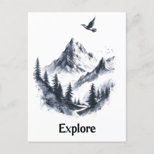 Carte Postale Dessin du paysage de montagne avec un oiseau volan