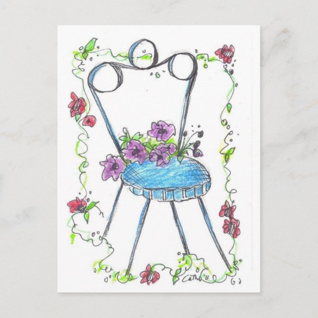 Carte Postale Dessin Fleurs de chaise antique (Devant)
