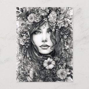 Carte Postale Dessin noir et blanc Femme avec fleurs