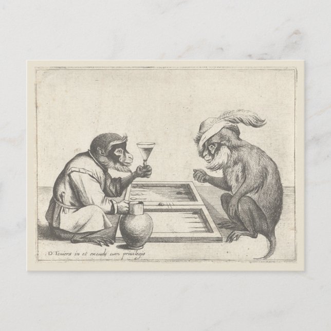 Carte Postale Dessin vintage de singes jouant au jacquet (Devant)