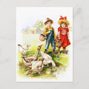 Carte Postale Dessin vintage : Nourrir les oies