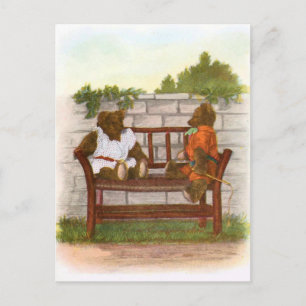 Carte Postale Dessin vintage : ours en peluche sur un banc