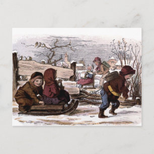 Carte Postale Dessin vintage : traîneau dans la neige