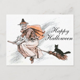 Carte Postale Dessin vintage : Une sorcière et son chat noir