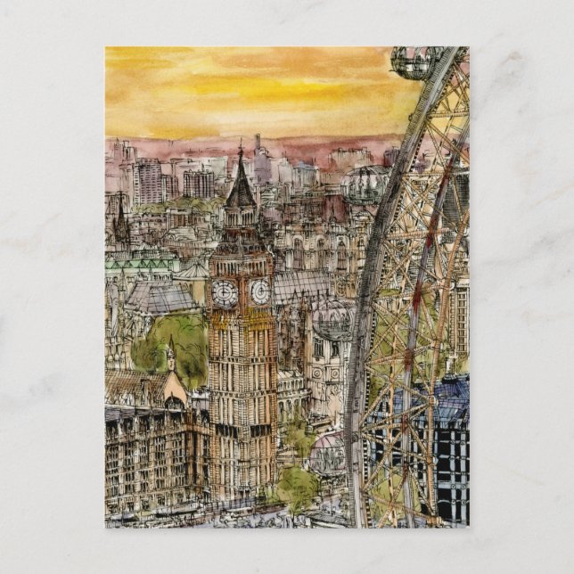 Carte Postale Destinations | Aquarelle Big Ben & London Eye (Devant)
