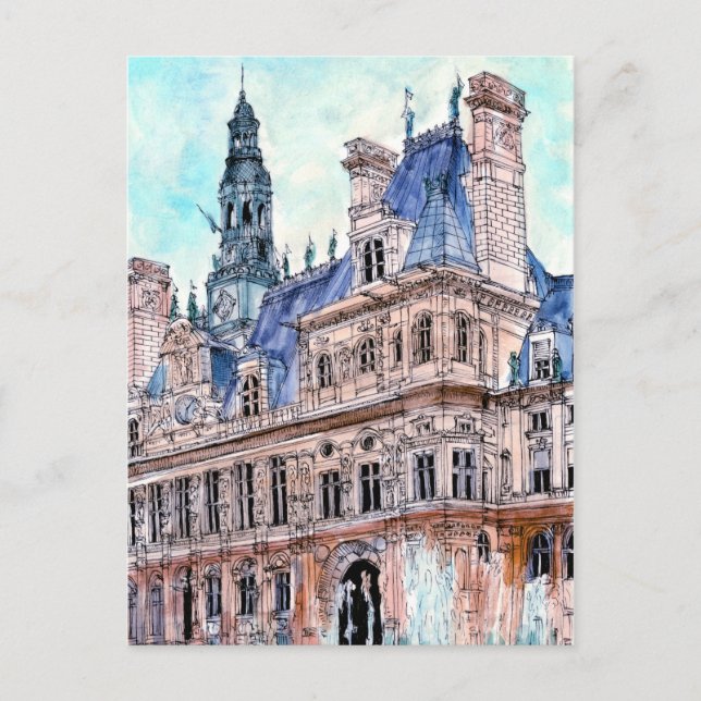 Carte Postale Destinations | Watercolor Rustic Hotel de Ville (Devant)