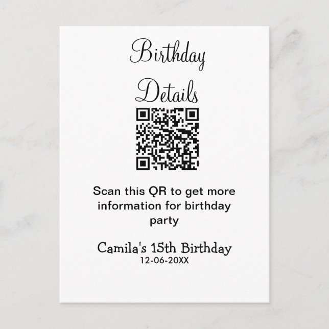 Carte Postale détails de fête d'anniversaire scan QR moderne 15  (Devant)