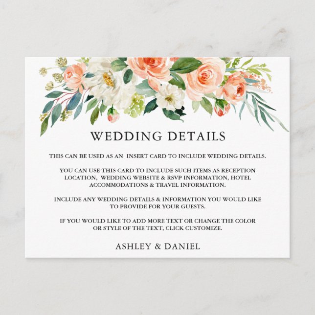 Carte Postale Détails du mariage Coral Floral Insert Card (Devant)