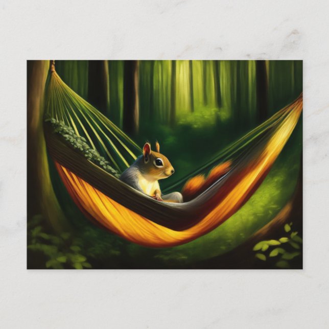 Carte Postale Détente d'écureuil dans un hamac dans la forêt (Devant)
