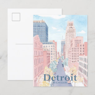 Carte Postale Détroit Michigan Aquarelle Peinture Voyage