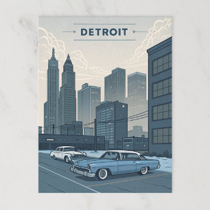 Carte Postale Détroit : Voitures classiques et Skyline urbain Il