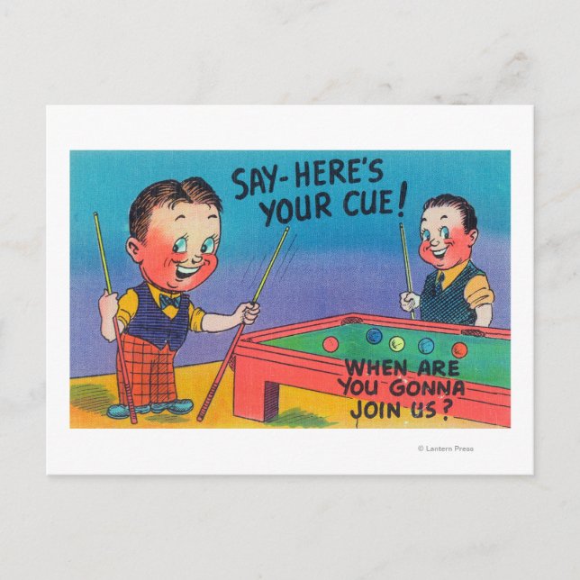 Carte Postale Deux Cartoon Men Jouer au Pool, voici votre Cue (Devant)