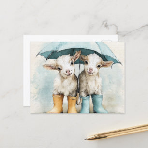 Carte Postale Deux chèvres adorables par jour de pluie