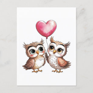 Carte Postale Deux Chouettes adorables avec un ballon cardiaque