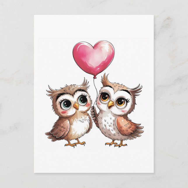 Carte Postale Deux Chouettes adorables avec un ballon cardiaque (Devant)