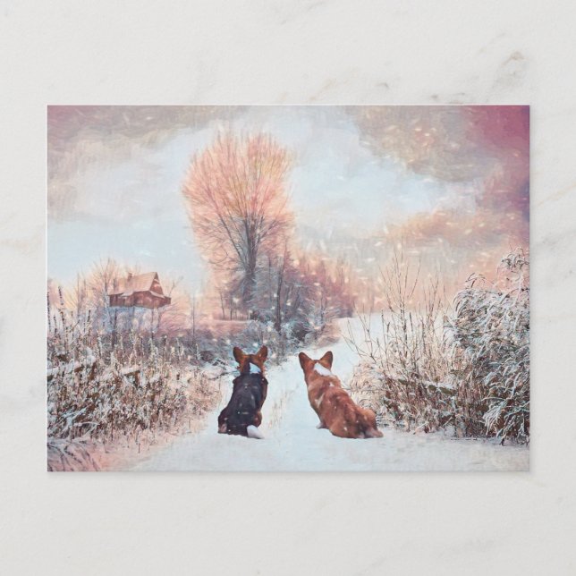 Carte Postale Deux Corgis gallois dans la neige (Devant)