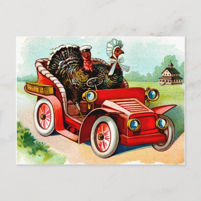 Carte Postale Deux dindons conduisant vieille timer voiture, vin (Devant)